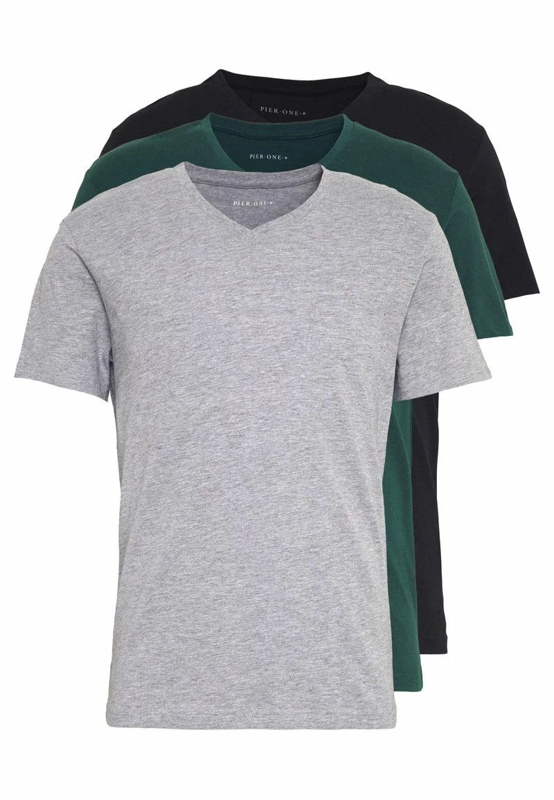 Pier One Hombre 3 PACK - Camiseta Básica - Black, Grey, Green