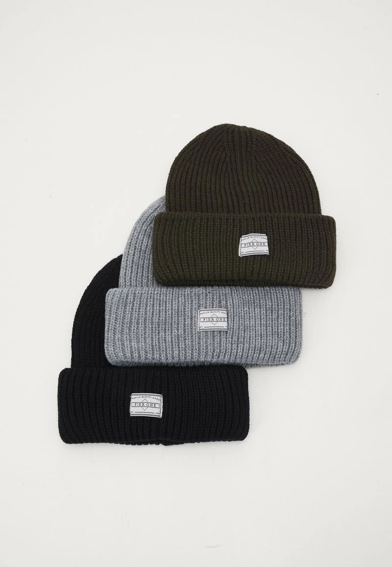 Pier One Unisexo 3 PACK UNISEX - Gorro - Black/grey/khaki