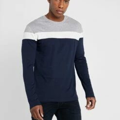 Pier One Camiseta De Manga Larga - Grey/dark Blue, Hombre